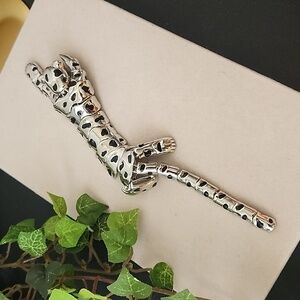 Silver Leopard Long-Tail Cat Brooch - Elegant Women’s Jewelry
